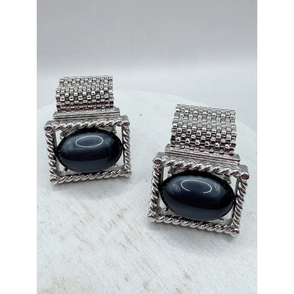 Vtg Swank Silver Tone Rectangular Grey Moonglow Oval Cabochon Mesh Cufflinks